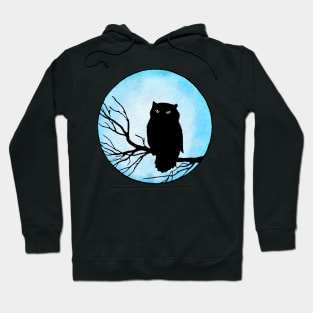 Scary Vintage Owl and Silver Blue Watercolor Moon Hoodie